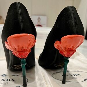 Prada Black Satin Heels w/Tulip Design